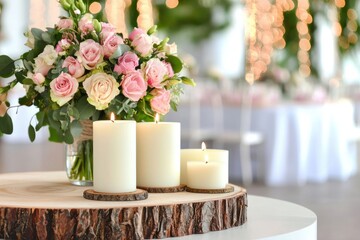 Poster - Romantic centerpiece showcasing blush roses candles on rustic wood with soft focus bokeh lights