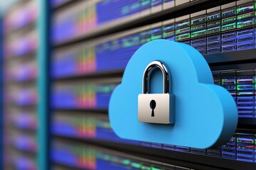 Fototapete - Azure Cloud Lock Security on Data Server Rack Modern Cyber Safe Digital Network Connection Storage