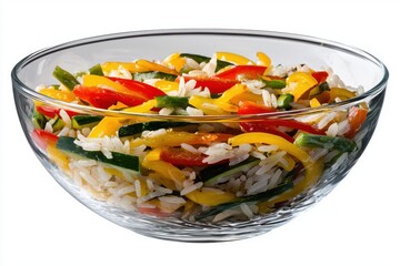 Poster - Colorful vegetable mix with rice in clear glass bowl healthy fresh stir fry food preparation studio shot