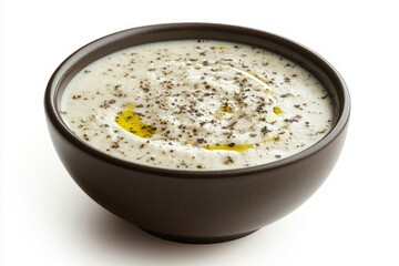Poster - Elegant black bowl of creamy white soup drizzled with olive oil and cracked black pepper on white