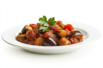 Poster - Appetizing eggplant tomato stew beautifully arranged on a white plate culinary delight healthy style
