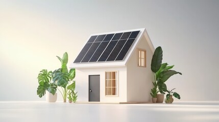 Poster - Sustainable Living A Solar Panelled Minimalist Home Surrounded By Green Plants And A Neutral Background