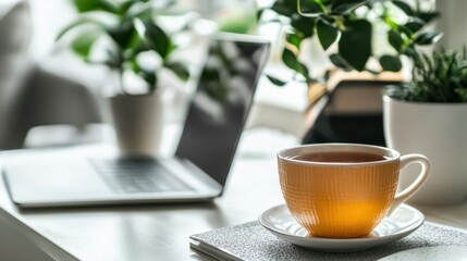 Poster - Cozy workspace with fresh green plants open laptop and a cup of warm tea for serene focus