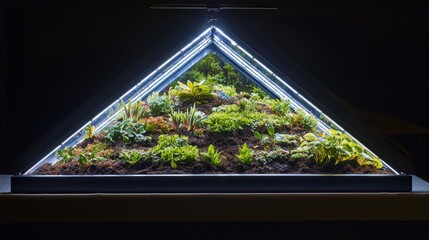 Poster - Captivating Terrarium Displaying Green Vegetation Under Triangle Lighting in Modern Interior Style View