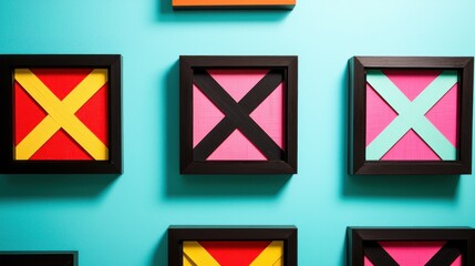 Aufkleber - Colorful artistic frames on aqua wall design bright vibrant geometric background with symmetrical composition