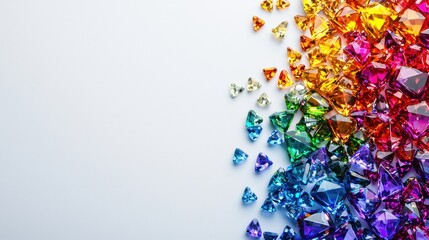 Poster - Faceted Jewels Radiating Vibrant Gradient Hues Arranged on Smooth White Backdrop Creating a Visual Symphony