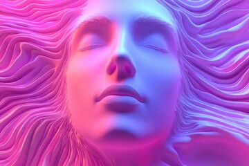 Aufkleber - Serene ethereal face sculpture with flowing wavy strands soft textures in neon pink and blue tones