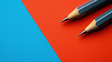 Poster - Two pencils resting on a bold red and blue background creating a striking contrast and artistic visual appeal