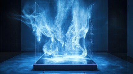 Poster - glowing blue smoke rises from a futuristic glass cube displaying a data stream in a dark room, creat