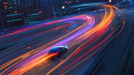 Poster - colorful streaks of light on dark urban road