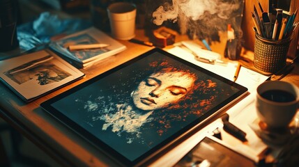 Poster - Digital artist is using a tablet to create a realistic portrait of a woman, surrounded by art supplies, coffee, and a warm, inviting atmosphere in their art studio