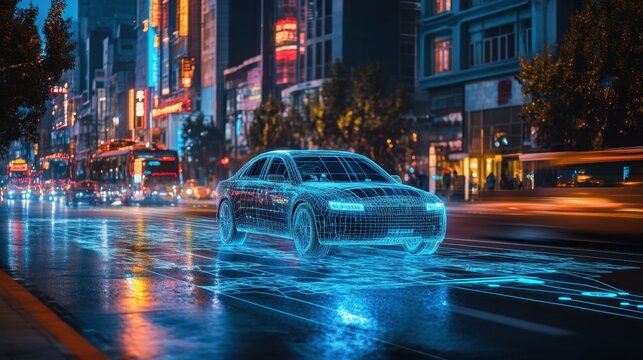 Futuristic Car in Urban Setting with Digital Wireframe Technology