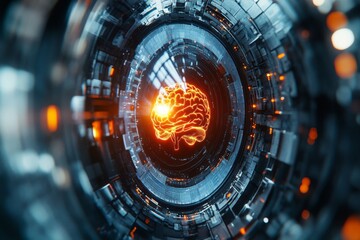 Poster - Visual representation of a glowing brain inside a futuristic technological structure emphasizing artificial intelligence concepts