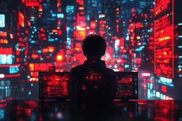 Poster - Individual working at multiple computer screens in a vibrant urban setting during nighttime
