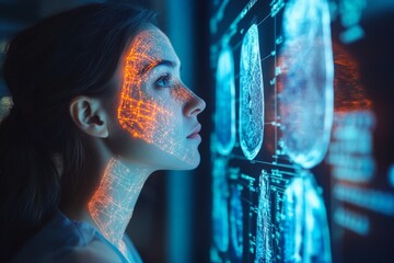 Poster - Young woman studies brain scans with advanced technology illuminating her face in a modern lab setting