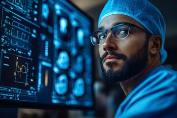 Poster - Male medical professional analyzing patient data on a digital display in a clinical setting during nighttime hours