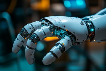 Poster - Robotic hand showcasing intricate design and technology in a futuristic workspace setting illuminated by soft blue light