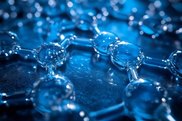 Poster - Close-up view of interconnected water molecules demonstrating their unique structure and properties in blue lighting conditions