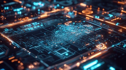 Poster - complex network of interconnected circuits and nodes pulsing with streams of data, illuminated by vi