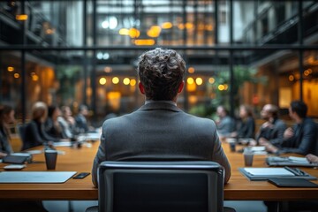 Poster - Business professionals engage in a strategic meeting in a contemporary office setting in the evening light