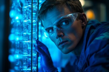Poster - Person wearing safety goggles examines glowing blue technology in a high-tech lab environment at night