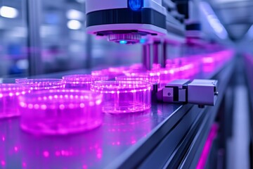 Poster - Modern laboratory equipment analyzes samples under purple illumination in a high-tech facility
