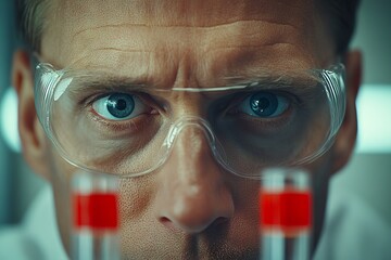 Poster - Scientist examines test tubes in laboratory setting during focused experiment on chemical reactions