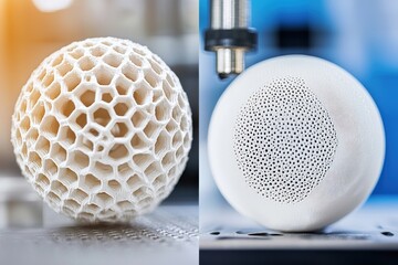 Poster - Intricate sphere structures created by innovative 3D printing on an advanced technology platform closeup