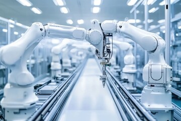 Poster - Automated Manufacturing Precision Futuristic Robotic Arm Assembly Line Production Technological Advancement Digital Revolution Streamlined Efficiency Innovative Innovation