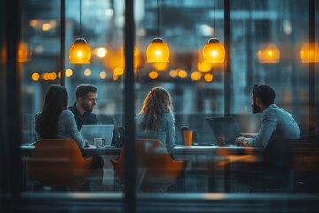 Poster - Group of professionals engaged in a meeting at a modern workspace during evening hours