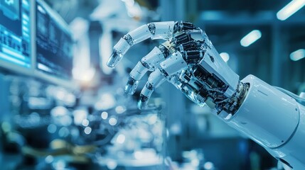 Poster - Sophisticated robotic hand reaching in a modern hi tech facility with a soft light and blue filter