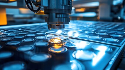 Poster - Advanced technological machinery operating with precision on reflective surface in manufacturing factory