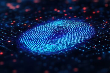 Poster - Digital fingerprint glowing with futuristic light on dark blue motherboard representing security