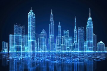 Poster - Futuristic Cyberpunk Cityscape of Neon Outlined Skyscrapers Reflecting on a Digital Plane Background
