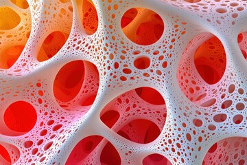 Poster - Abstract porous structure with white lines and orange red background art texture render