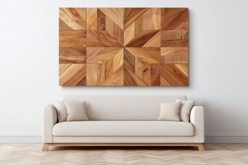 Poster - Contemporary wooden block art above modern beige sofa in a minimalist room setting  inviting warm home decor