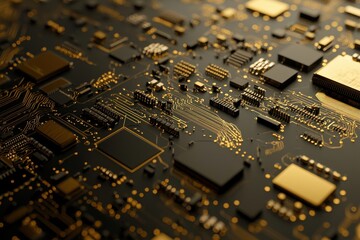 Fototapete - Complex circuit motherboard design in technology backdrop illuminated with golden patterns and components