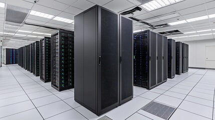 Poster - A Modern Data Center Featuring Rows of Servers in a Clean White Room Emphasizing Data Storage and Processing Server Infrastructure Computer System Server Rack