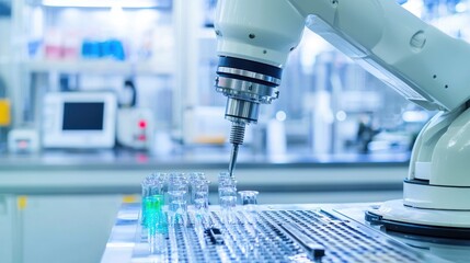 Poster - Advanced robotic arm conducting precise experiment with test tubes in clean laboratory environment and pharmaceutical technology