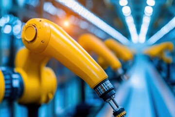 Poster - Close up of automated yellow robotic arms in factory setting showcasing advanced manufacturing technology