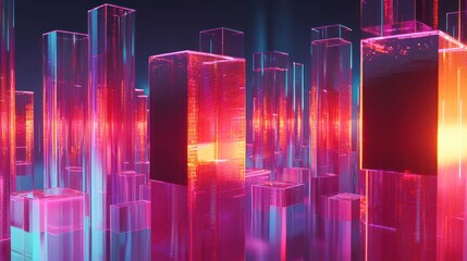 Poster - Neon city, glowing glass skyscrapers.