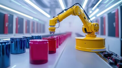 Poster - Automated robotic arm in factory setting precision manufacturing of colorful product containers