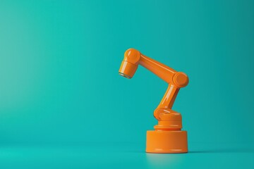 Poster - Robotic Precision Bright Orange Arm on Blue Background Illustrating Modern Automation and Technology Process