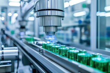 Poster - Advanced manufacturing process robotic arm inspection of green metal lids on assembly line closeup