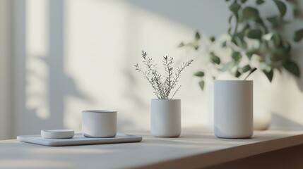 Poster - Serene Still Life White Minimalist Vases and Greenery Casting Shadows on Wall for Natural Calm Scene
