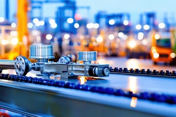 Poster - Sleek production line machinery assembly in automotive factory with modern industrial engineering equipment