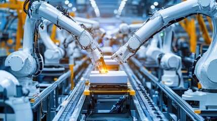 Poster - Advanced robotic arms weld on automated assembly line in industrial factory with futuristic technology production