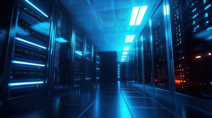 Poster - Data center corridor with servers arranged in row blue vibrant lights illuminate dark setting complex information technology systems