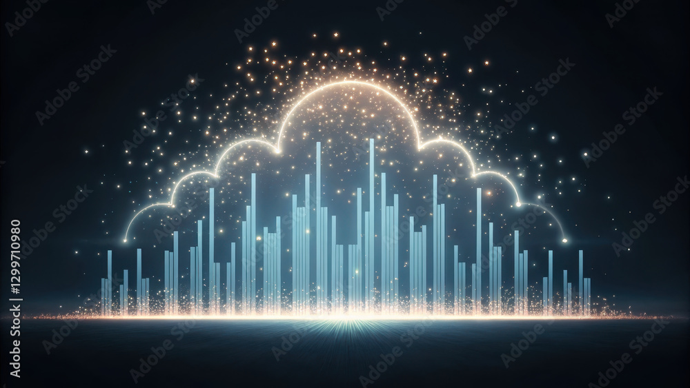 cloud of glowing particles forms shifting bar graph, creating ...