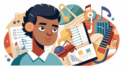 A detailed close-up of a student engaged in music learning reveals the intricate details of musical instruments, sheet music, and the focused attention required for effective music education, creatin